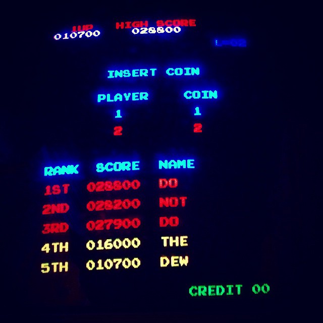Donkey Kong high score screen where rank 1-5 spell "DO NOT DO THE DEW"